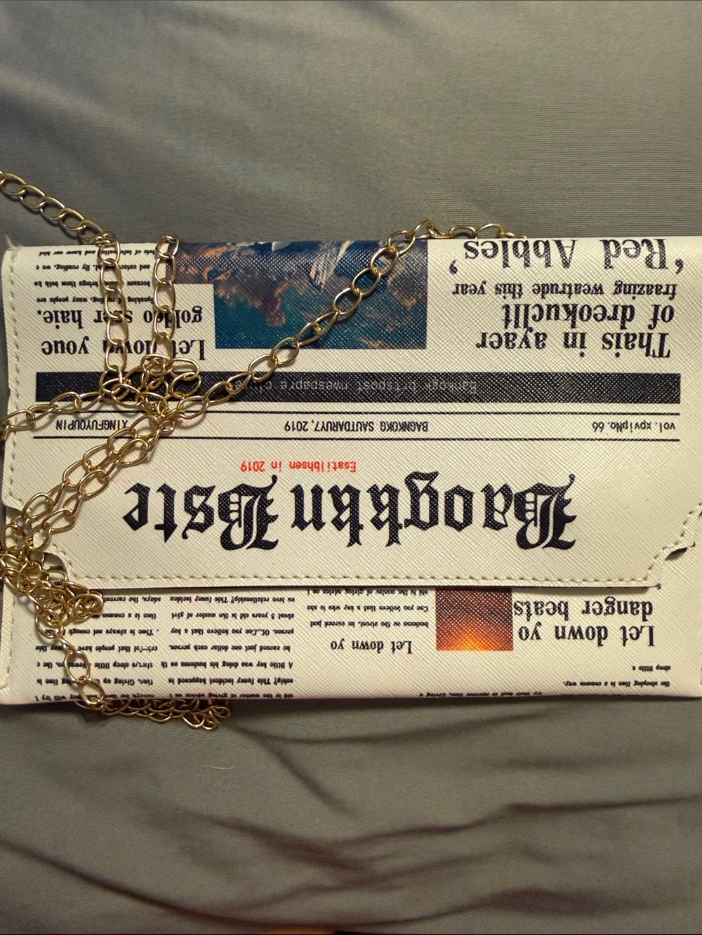 Newspaper Print Crossbody Bag with Gold Chain Strap - White